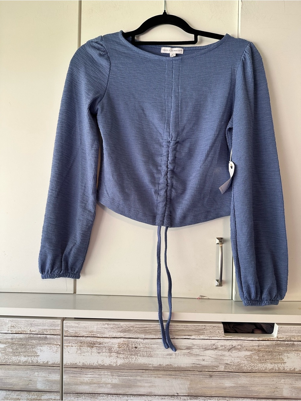 🩵 Coco + Jaimeson Ruched Crop Top Puff Sleeve Blue Juniors Small